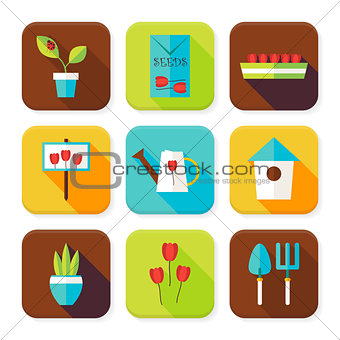 Flat Gardening and Flowers Squared App Icons Set
