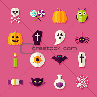 Flat Halloween Trick or Treat Objects Set with Shadow