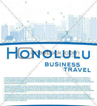 Outline Honolulu Hawaii skyline with blue buildings and copy spa