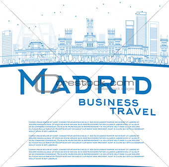 Outline Madrid Skyline with blue buildings and copy space