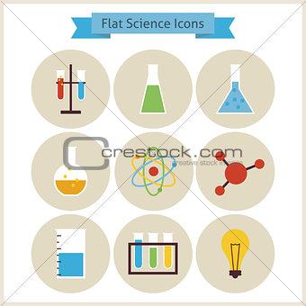 Flat School Chemistry and Science Icons Set.