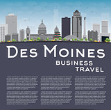 Des Moines Skyline with Grey Buildings, Blue Sky and copy space