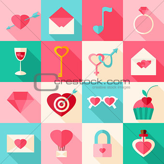 Valentine day flat icons with long shadow