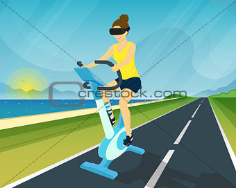 Woman is riding exercise bike through using head-mounted device for virtual reality