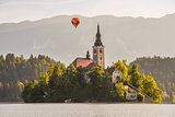 Catholic Church in Bled Lake, Slovenia with Hot Air Balloon Flyi