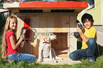 Kids preparing a shelter for their new puppy dog