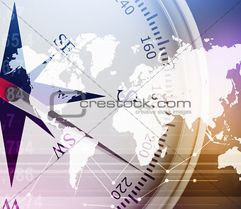 Abstract illustration with compass and world map in the foreground