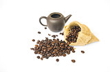 Coffee beans on a sack with Ancient pots on a white background
