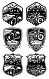 set of retro badges with car and motorcycle on background with mountains