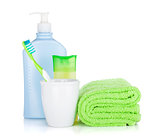 Toothbrush, cosmetics bottles and towel