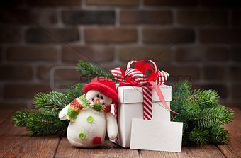 Christmas gift box, snowman and greeting card