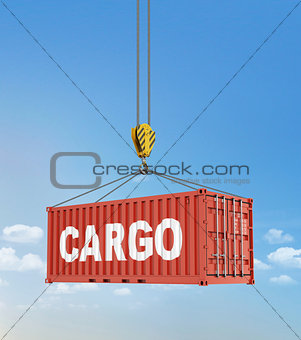 Metal freight shipping containers on the hooks at sky background