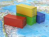 Ship containers on the world map. Transportation concept.