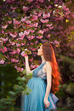 Beautiful pregnant woman in blooming garden