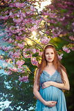 Beautiful pregnant woman in blooming garden