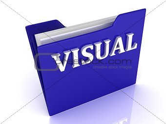 VISUAL bright white letters on a blue folder 