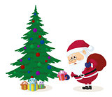 Santa Claus putting gifts under fir tree