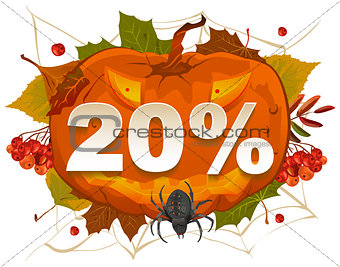 Halloween discount coupon of 20 percent. Halloween pumpkin sale