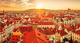 Top view to red roofs skyline of Prague city