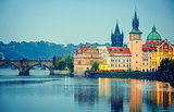 Evening over river Vltava near Charles bridge in Prague