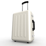 White luggage stands on the floor