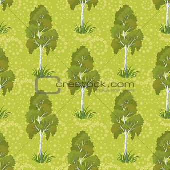 Seamless, birch trees and floral pattern