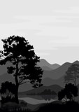 Mountain landscape with tree, silhouettes