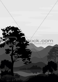 Mountain landscape with tree, silhouettes
