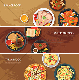 Set of food web banner flat design.France food,American food, It