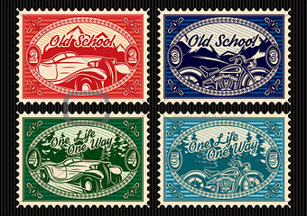 set of stamps with the car and motorbike