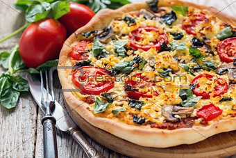Pizza with tomatoes and cheese close up.