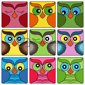 Nine cute owl faces in square shapes