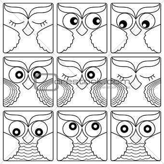 Nine owl faces in square shapes