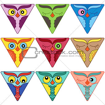 Nine cute owl faces in triangle shapes