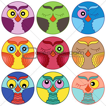 Nine cute owl faces in circle shapes