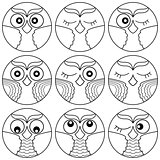 Nine owl faces in circle shapes
