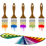 Set of color samples and paintbrushes over white background