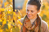Woman winegrower inspecting vines in vineyard outdoors in autumn