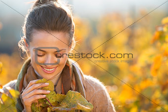 Woman winegrower inspecting grape vines in autumn vineyard