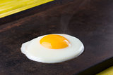 Fried egg on the cast iron. close up