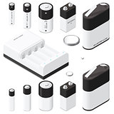 Battery and battery charger isometric icon set