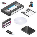 Storage media actual size proportions detailed isometric icon set