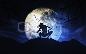 3D Halloween background with creature against moonlit sky