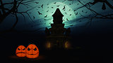 3D Halloween background with spooky castle and pumpkins