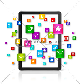 Digital Tablet PC and flying apps icons
