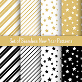 Set of black, white and gold seamless New Year party patterns