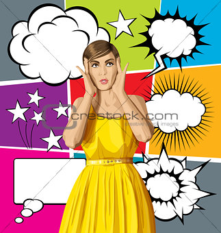 Vector Surprised Girl in Dress with Bubble Speech