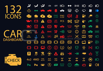 vector collection of car dashboard panel indicators, yellow red green blue indicators