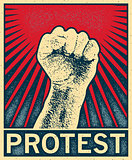 clenched fist held high in protest, vector illustration.