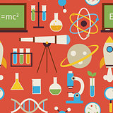 Flat Seamless Pattern Science and Education Objects over Red
